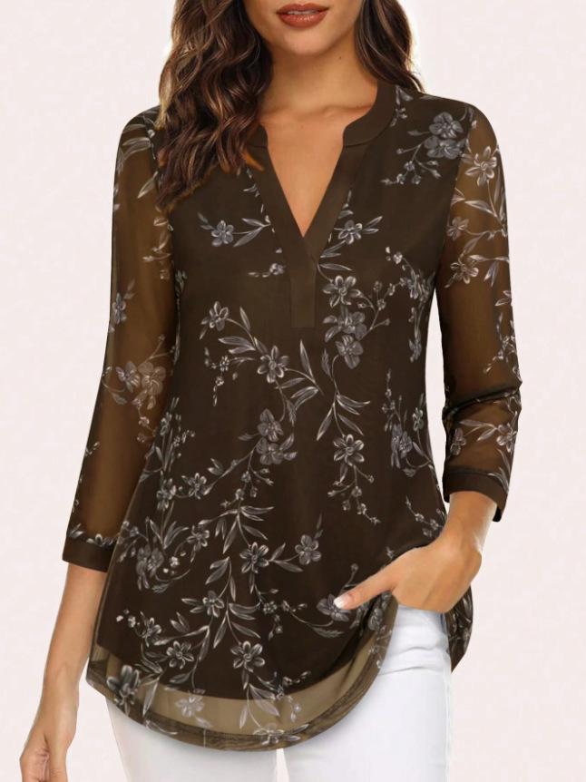 Women's European & American V-neck 3/4 Sleeve Printed Chiffon Loose Plus Size Top