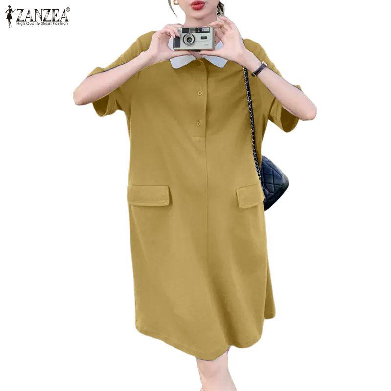 ZANZEA Womens Splice Turn Down Collar Casual Short Sleeve Dress