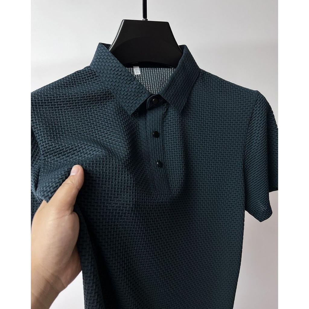 Men's Ice Silk Fiber Shirt - Breathable Short Sleeve Geometric Pattern Button Neck Casual Top, Summer Regular Version Daily Men's Top | Classic Shirt
