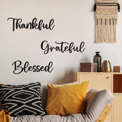 Sada 3 kovových nástěnných dekorací 'Grateful Blessed' - Černý nápis 'Thankful' pro domácí dekoraci, Inspirativní nástěnná dekorace 'Be Grateful'
