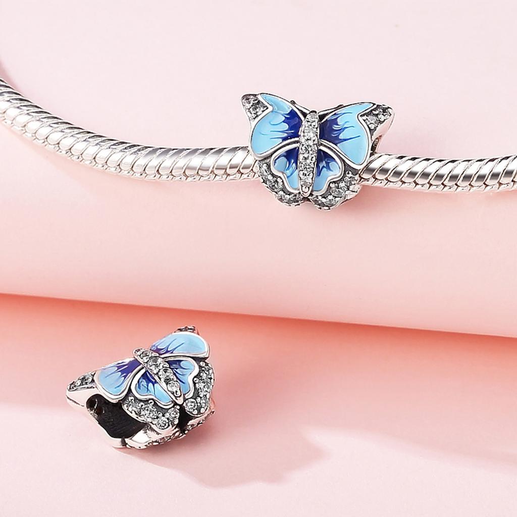 Beads Copper Charms Original Glued Blue Butterfly Animal Beads Fit Bracelet Jewelry Diy Women Fine Gift Accessory
