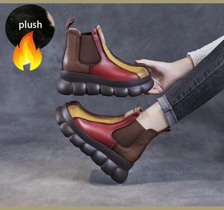 7cm Women Boots Genuine Leather Wedge Spring Mixed Color Chimney Fashion Ankle Elastic Platform Moccasins Autumn Shoes