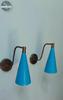 Handcrafted Brass Wall Sconce Set: Mid-Century Modern Blue Cone Lights