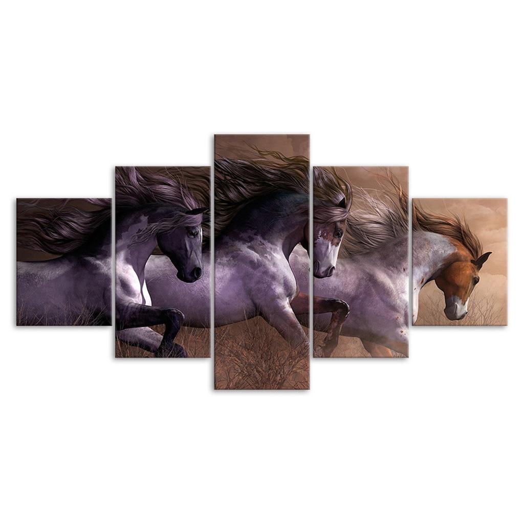 Wild Horse Race Painting Scene 5 Piece Five Panel Wall Canvas Print Modern Art Poster Picture Home Decor Gift For Him For Her