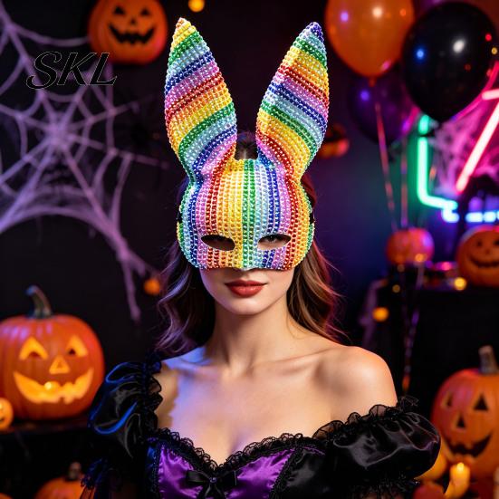 Adjustable Elastic Mask Disco Mirror Rhinestone Rabbit Mask, Sparkly Glitter Bunny Face Christmas Party for Halloween Party, Shiny Reflective