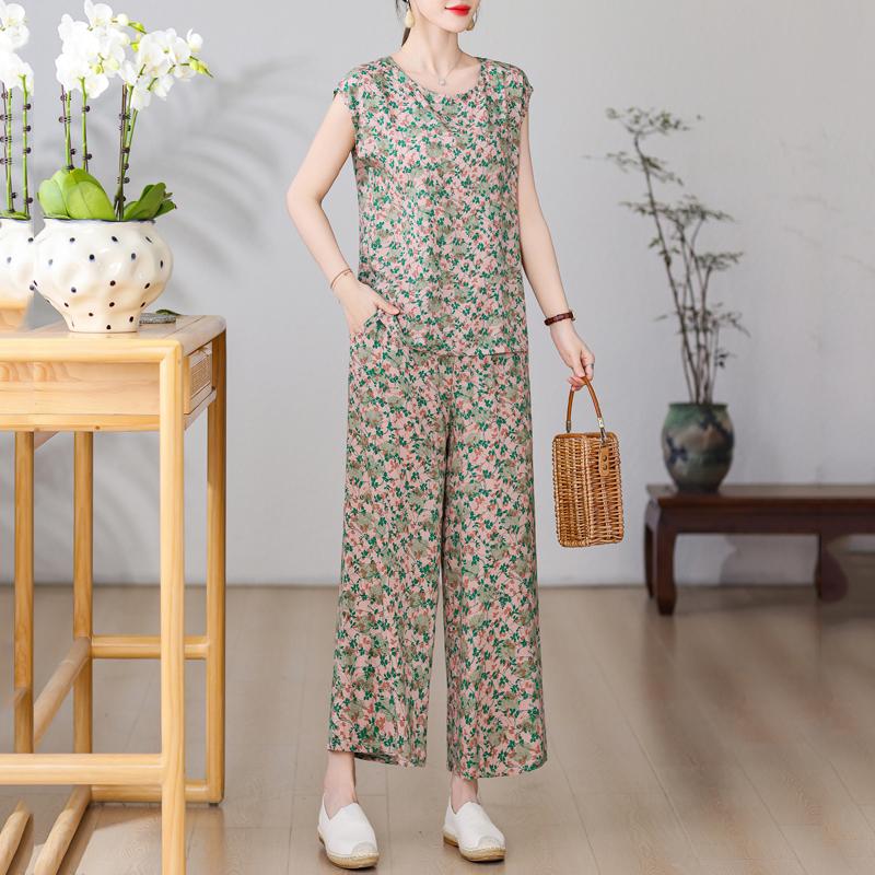 Plus Size Summer Pants Sets for Women Elegant Loose Vintage Print 2 Piece Outifts