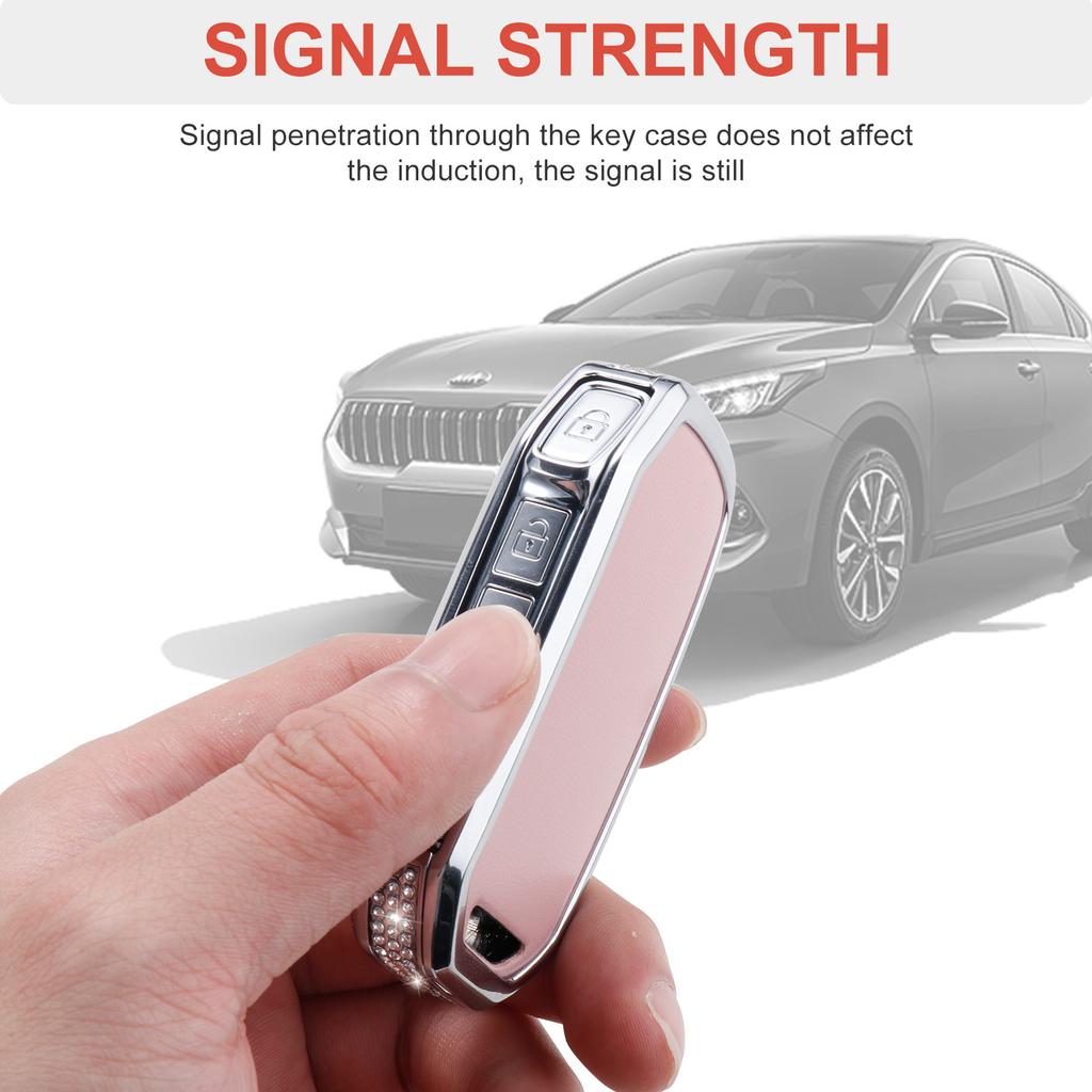 For Kia Key Fob Cover with Keychain, Pink Leather Crystal Key Case Protection Shell Compatible with Cerato Ceed Forte NIRO Soren