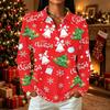 Women's Casual Christmas Print Long Sleeve Button Down Shirt with Lapel Collar and Side Slits