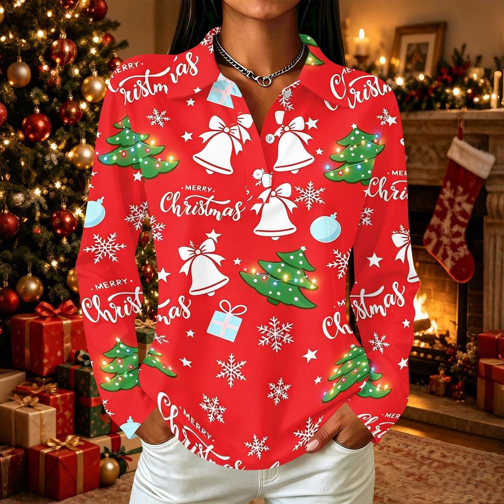 Women's Casual Christmas Print Long Sleeve Button Down Shirt with Lapel Collar and Side Slits