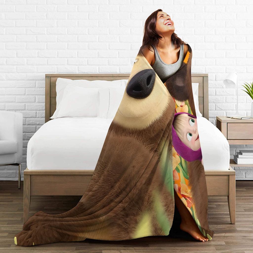 Morbida Coperta da Viaggio Cartone Animato M-Masha e Orso Coperta Plaid Flanella Copriletto per Arredamento Casa Motivo Copri Divano Letto