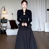 Elegant Plus Size Black Long Sleeve Chinese Style Curvy Dress with Waist-Cinched Bud Skirt - Autumn Collection