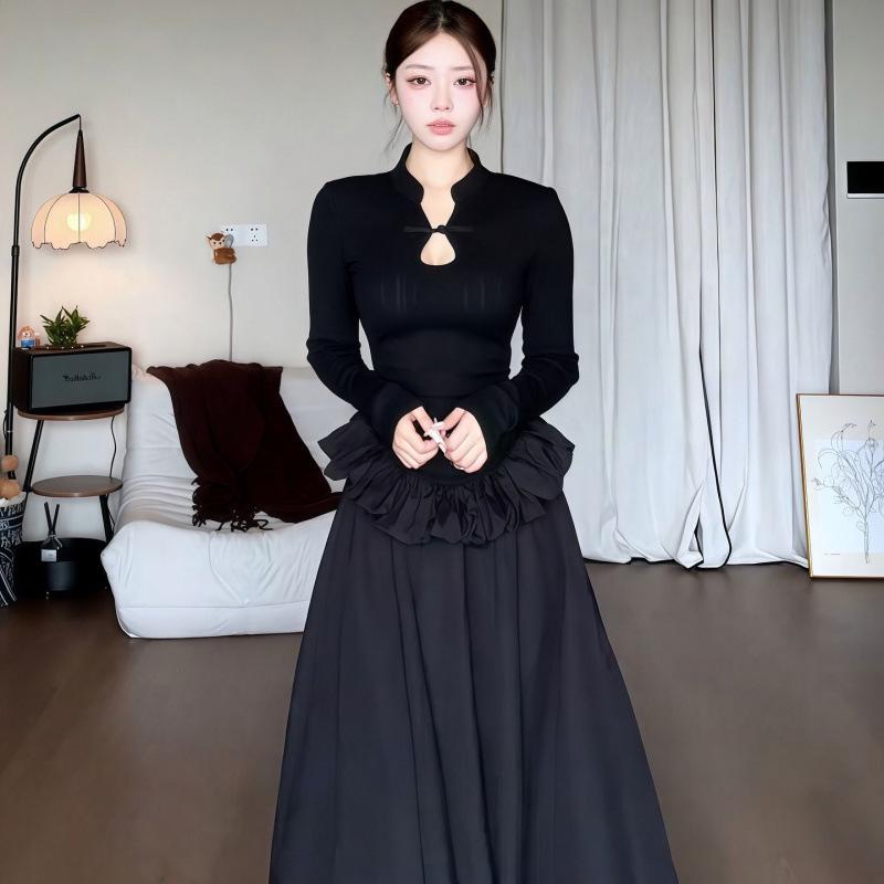 Elegant Plus Size Black Long Sleeve Chinese Style Curvy Dress with Waist-Cinched Bud Skirt - Autumn Collection