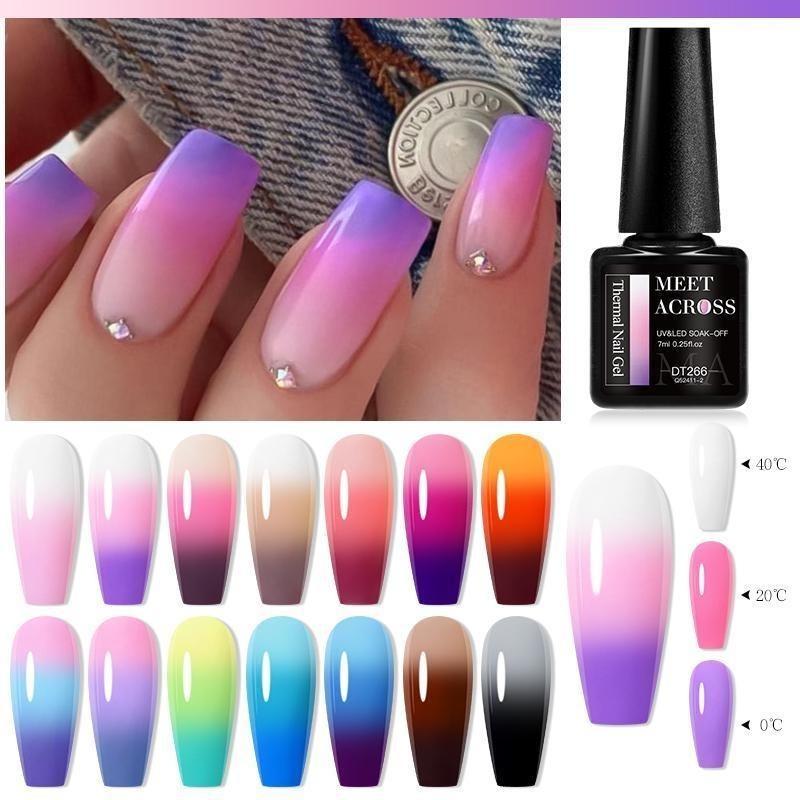 7ml Purple Glitter Auroras Thermal Gel Nail Polish Winter 3 Layers Temperature Color Changing Semi Permanent Manicure Nail Art Gel Varnish