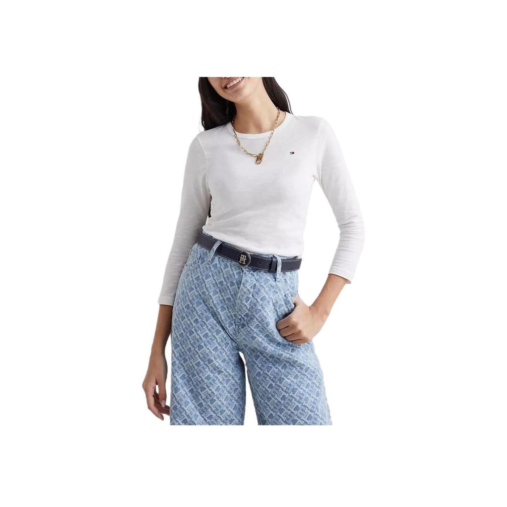 Tommy Hilfiger Solid Color Round Neck Slim Fit Long Sleeve T-Shirt Women tops White WW37861-YBL