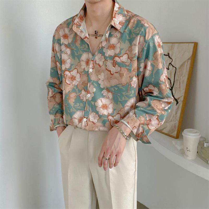 Trendy Men's Hong Kong Style Floral Long-Sleeve Shirt - Autumn Edition
