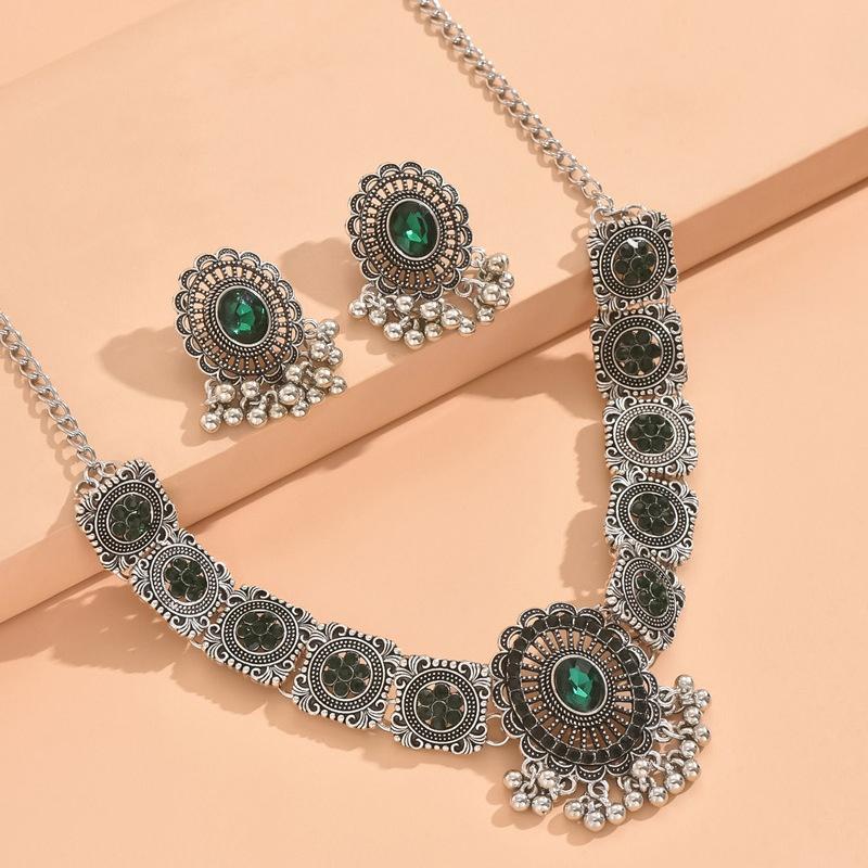2 Pcs  Vintage coloful Necklace Earrings Set For Women Wedding Ceremenoy  Crystal Decoration Zircon Set
