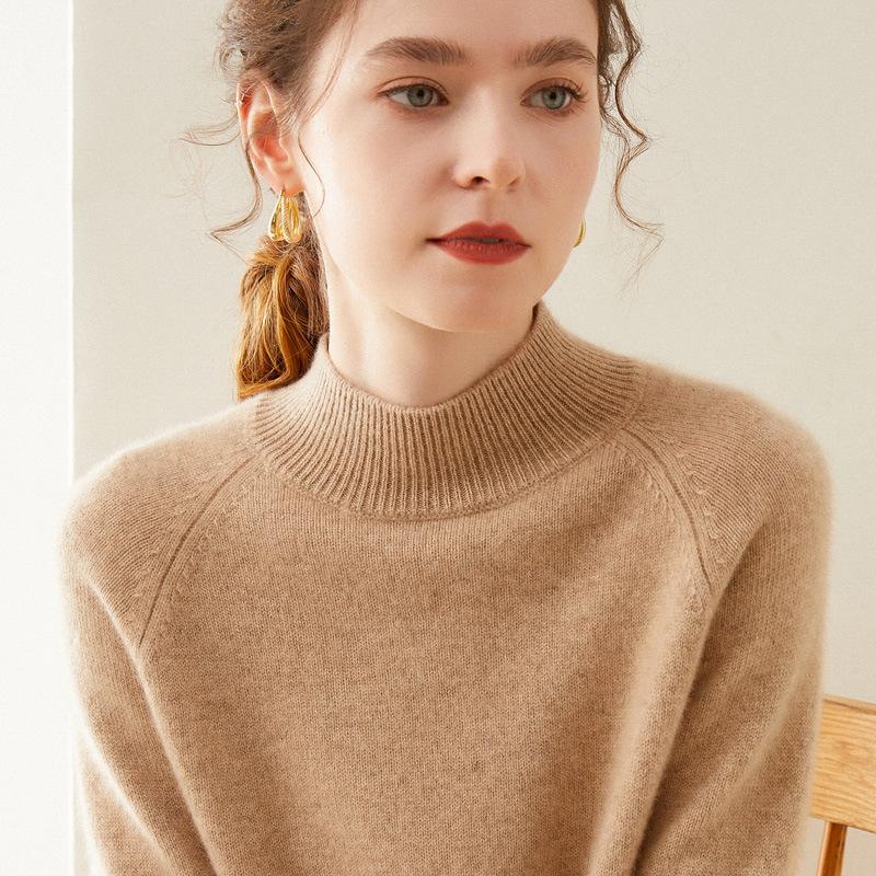 Women's 100% Pure Cashmere Soft Knit Sweater, Half-High Neck, Loose, Skin-Friendly, Slimming Base Layer