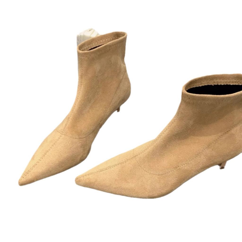 Autumn and Winter Soft-soled Elastic Thin Boots Pointed-toed Thin-heeled Boots Women's Short Boots Small Heel Versatile Black Suede Single Boots