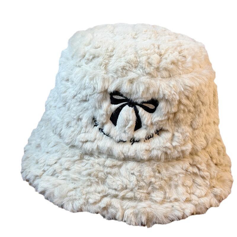 Fisherman Hat Women's Winter New Plush Thickened Warm Bucket Hat White Bow Furry Basin Hat Trendy