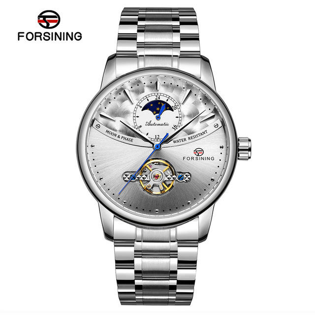 Forsining Automatic Watch Men's Blue Moon Phase Tourbillon Mechanical Watches Black Steel Band Waterproof Clock