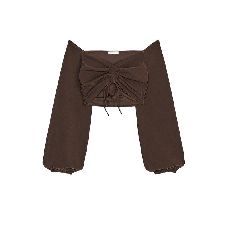 

Ruched Decorative Stretch V Neck Long Sleeves Short Top 3644304 Zipper Ornament High Waist Leggings 3644305 Dark brown Tops L