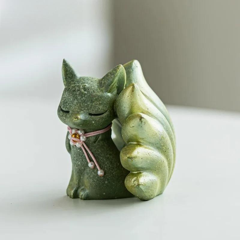 

Little Spirit Green Sand Stone Nine-tailed Fox Tea Pet Boutique Fish Tank Landscaping Tea Figurine Play Toys Tea Statue Ornament