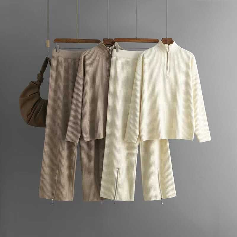 Fashion Wind Knitting Turtleneck Zipper Sweater Pants Suit Knitted Sweater and Pants Set