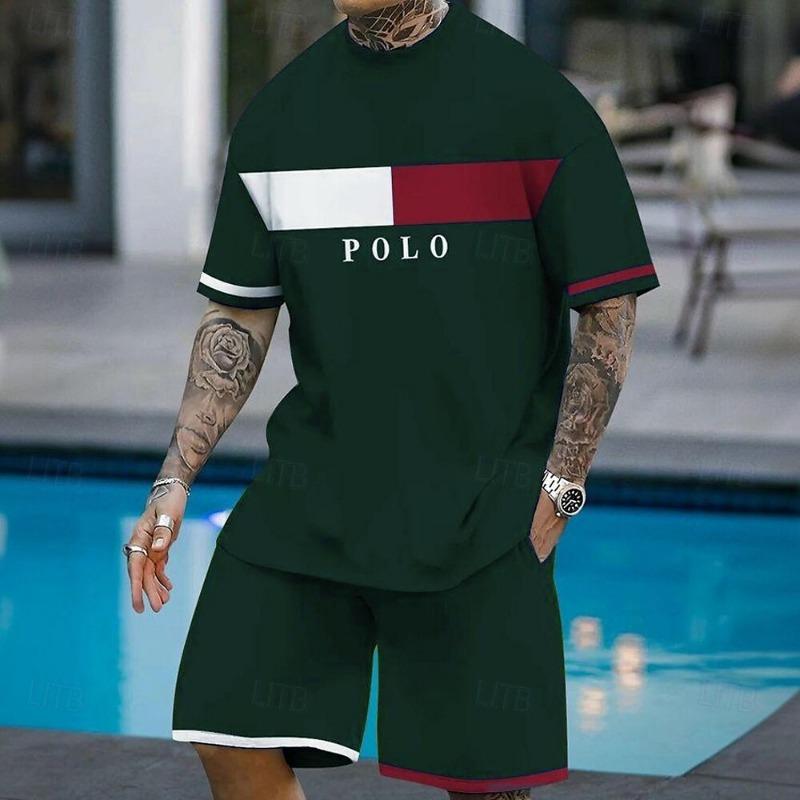 Men's Graphic 2pcs Tees sets Summer Tops Short Sleeve Short Pants Crew Neck Sport Casual Outdoor Vacation Sport 3D Print Summer Black Blue Green