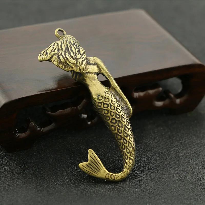 Statue Mermaid Antique Miniatures Copper Bronze Fairy Figurines Home Office Living Room Decor Crafts Lucky Car Key Ring Pendant