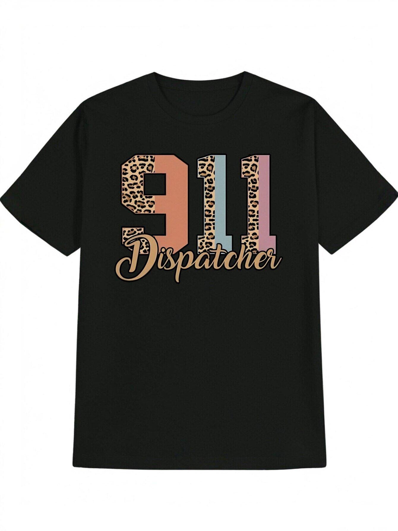 

Casual Round Neck T-shirt with 911 DISPATCHER Graphic Print - Black XL