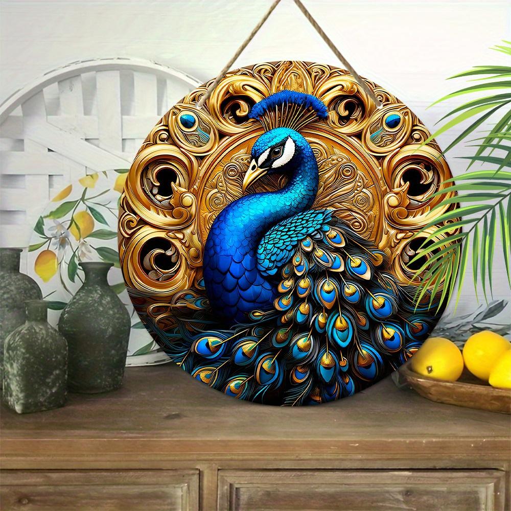Wooden Diwali Decor Wooden Ornament - Blue Peacock Pattern Gold Background -2D Flat Products-for Door,  Farmhouse, Street, Shop, Garage, Bar,