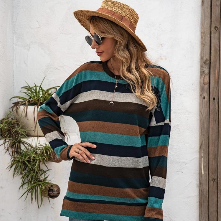 Oversize Women Loose Stripe Sweatshirt Sweater Round Neck Tshirt