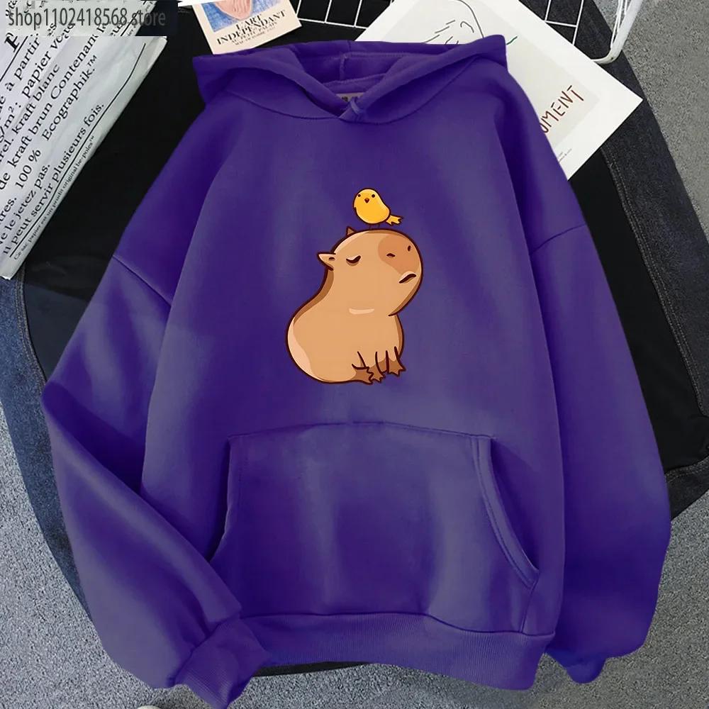 Cartoon Capybara with His Bird Friend Hoodies Women's Kawaii Animal Graphic Sweatshirt Men Tops Clothes