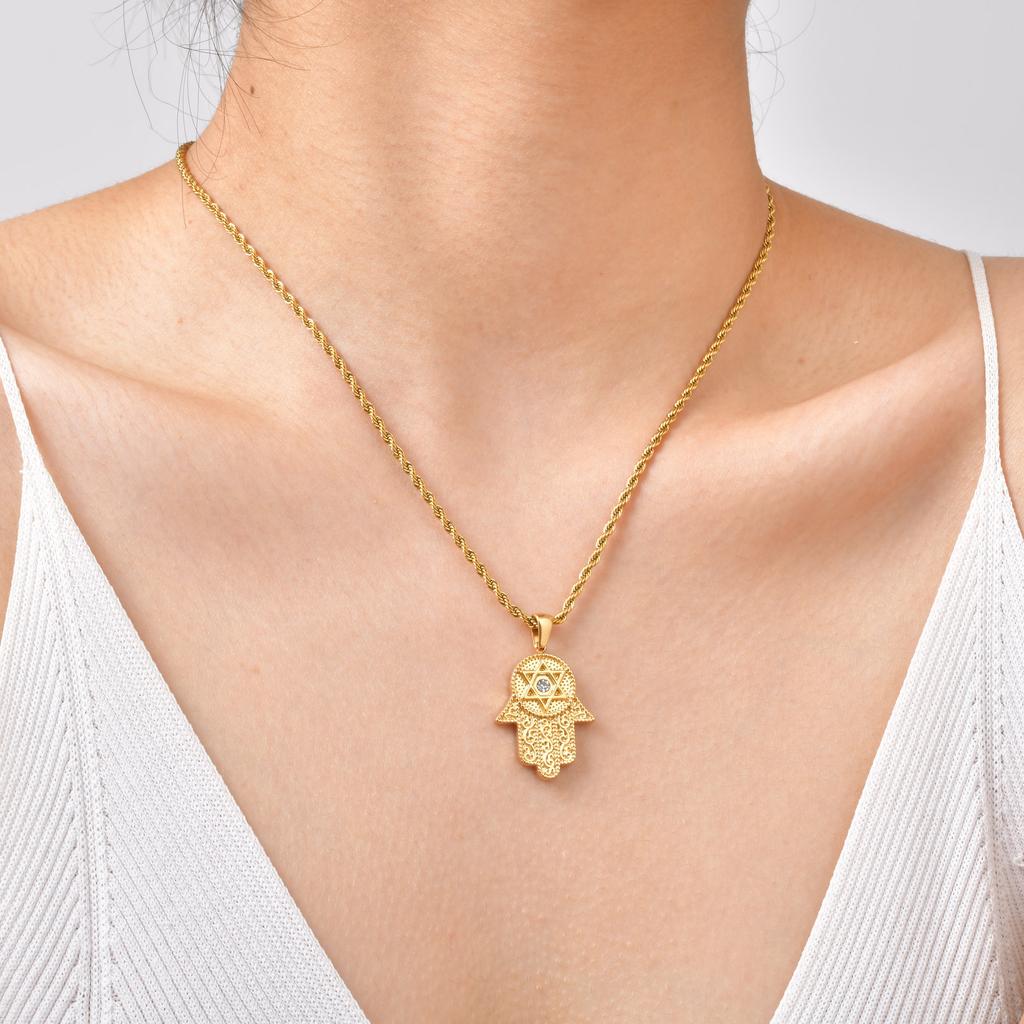 Fatima Hand Stainless Steel Pendant Necklace With Zircon, Vintage Premium Ladies Jewelry 2337