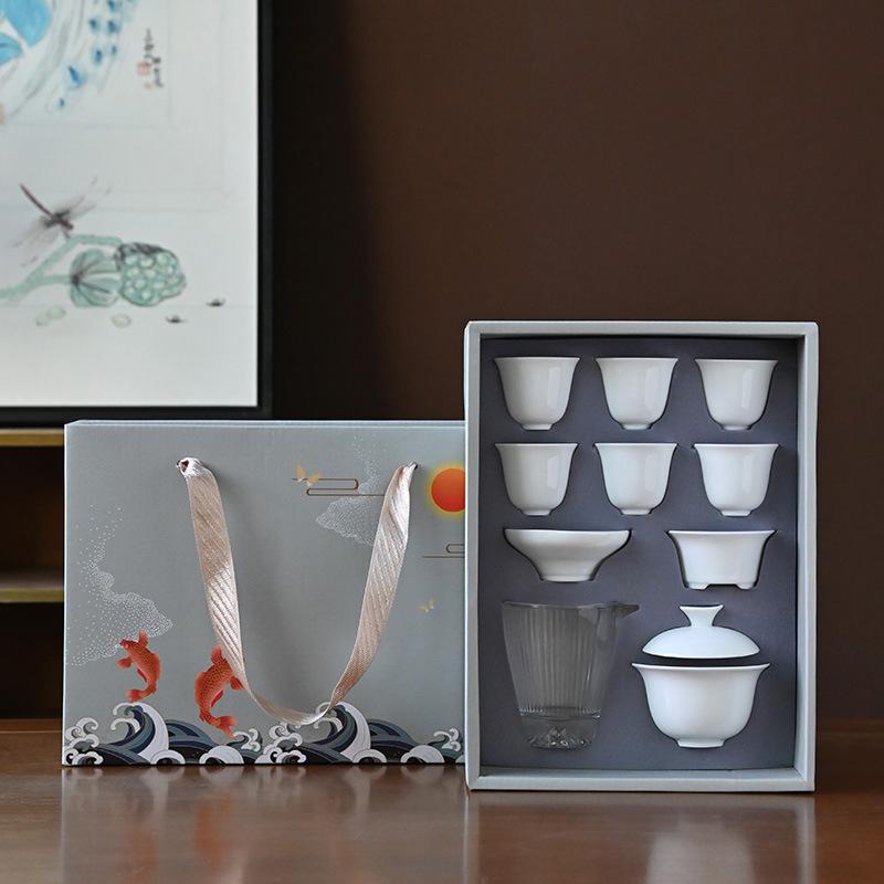 

White porcelain suet jade set Kung fu tea set cover bowl gift box set company gift