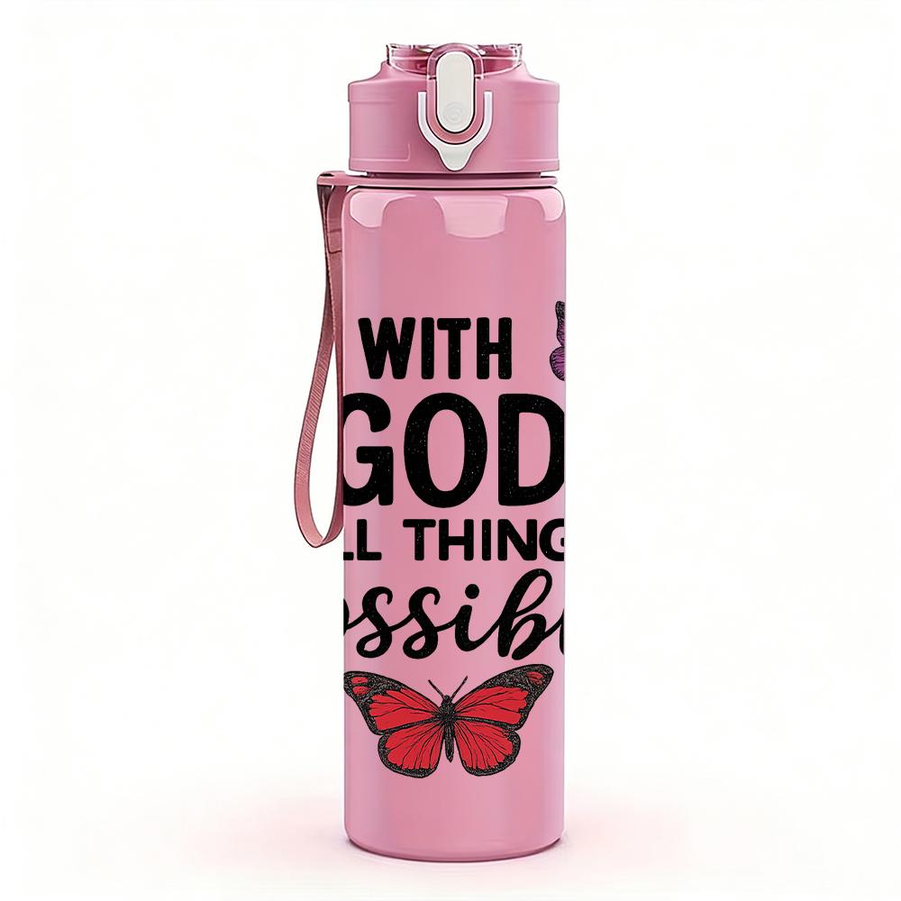 1PC With God All Things Quote Text 750ml Color Plastic Sports Water Bottle Leakproof Flip Straw Lid For Sports Office Home Use
