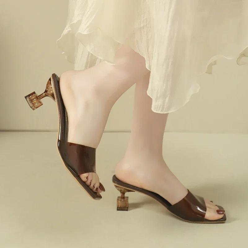 Patent Leather High-heeled Sandals and Slippers for Women 2025 Summer New Versatile Thin Heel Square Toe Open Toe Sexy