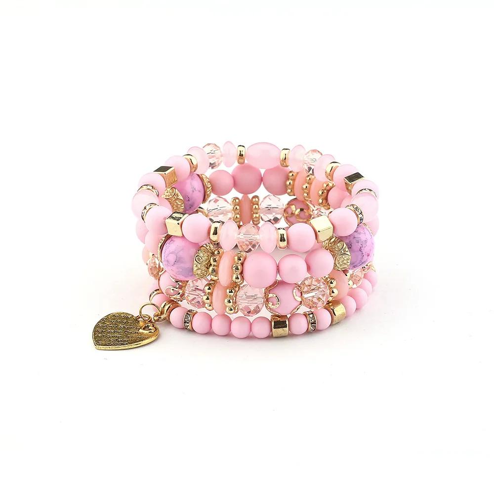 4Pcs Boho Crystal Beads Chain Bracelet Set For Women Vintage Heart Charm Elastic Bangle Men Fashion Party Jewelry