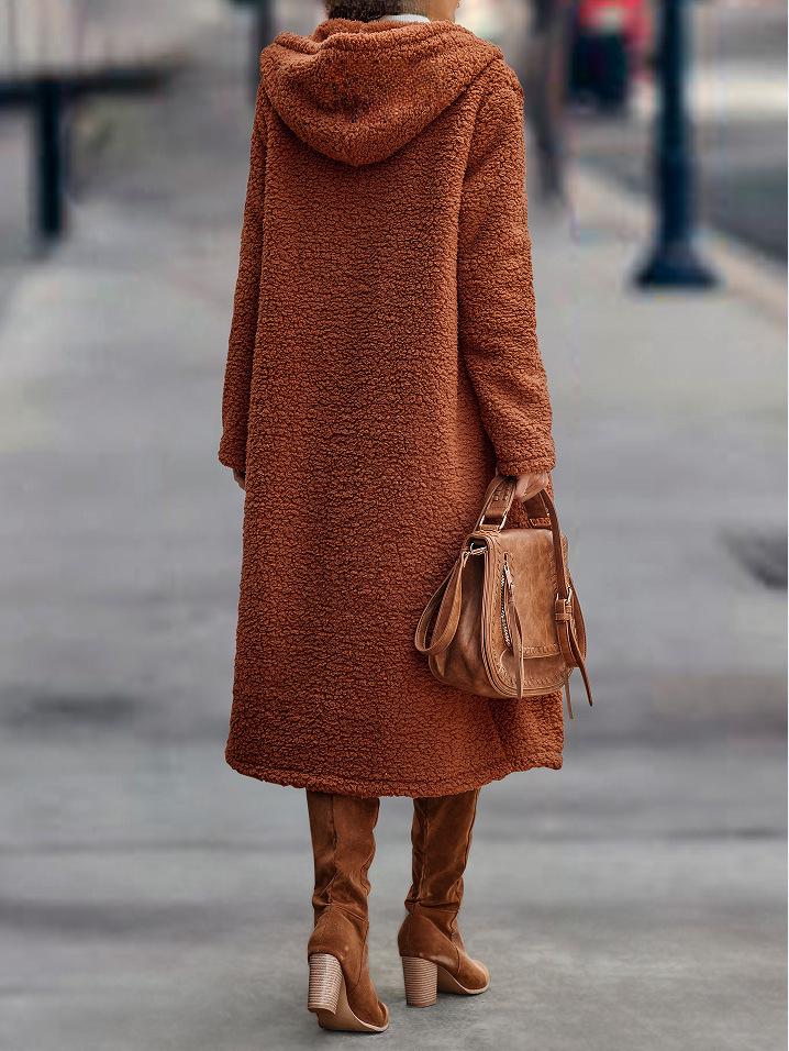 Dámská dlouhá plyšová bunda s kapucí na podzim/zimu 2022