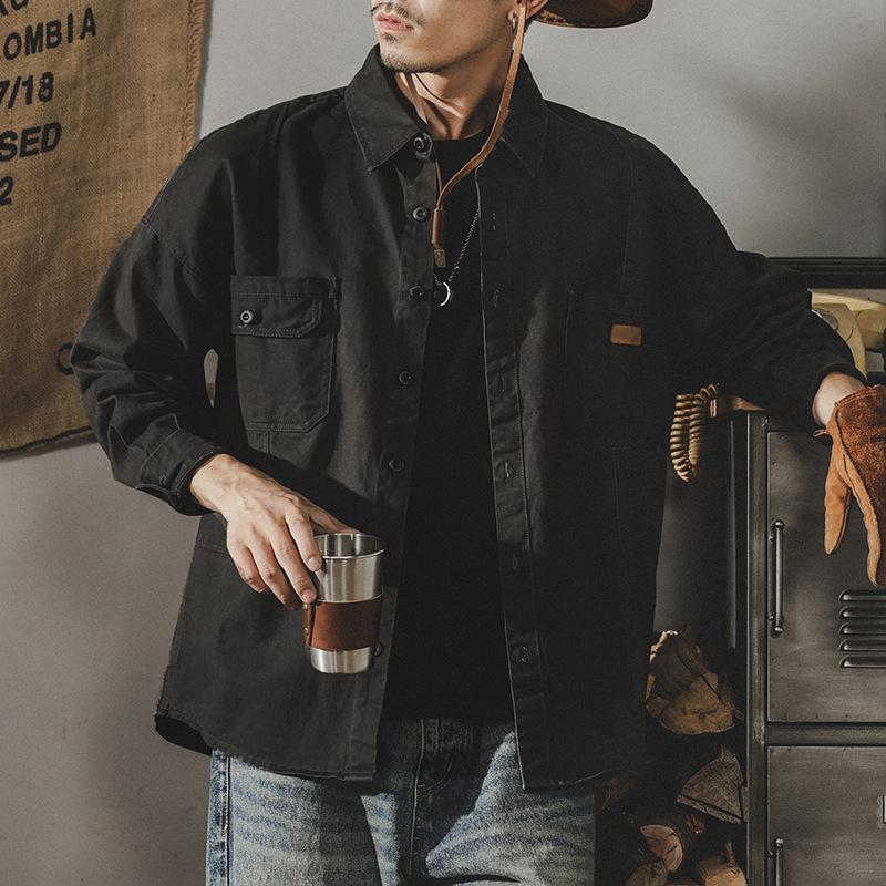 

Men s Workwear Long Sleeve Button Down Shirt Casual Pocket Detail Loose Fit Streetwear Top M чёрный