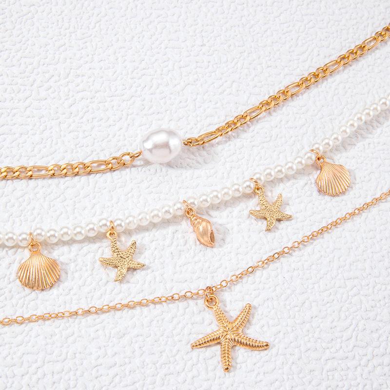 Beaded Necklace Beach Imitation Pearl Necklace Starfish Shell Retro Vacation Niche Multi-layer Necklace Women