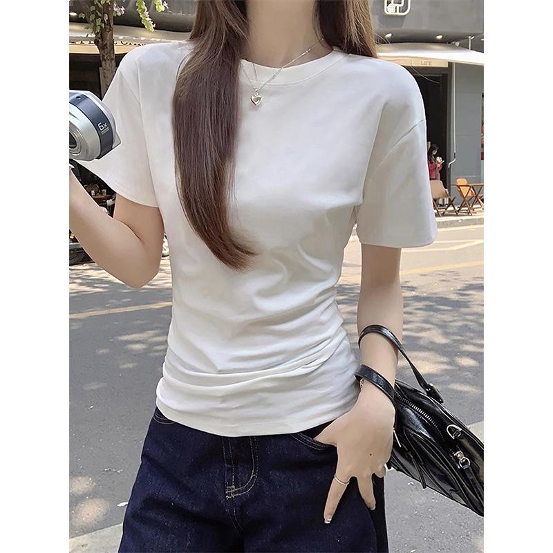 American Pure Cotton Basic Simple Front Shoulder Short-sleeved T-shirt Women's Summer New Spice Girl Meat-covering and Thin Top