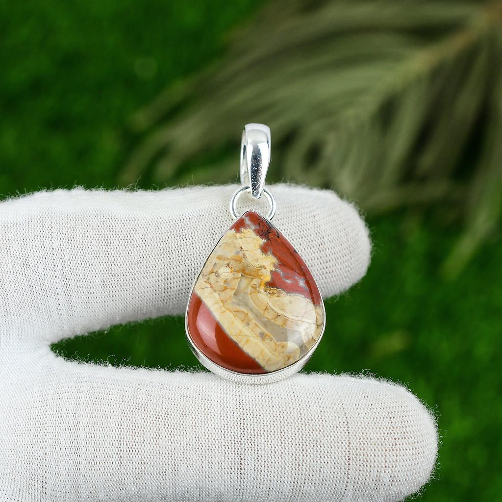 Mothers day Sale Sterling Silver Pear Natural Red Snakeskin Jasper Bezel Pendant