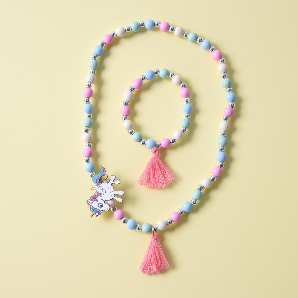 2pcs/Set Fashion Natural Wood Beads Jewelry Cute Animal Pattern Necklace Bracelet For Children Party Jewelry Girl Birthday Gift