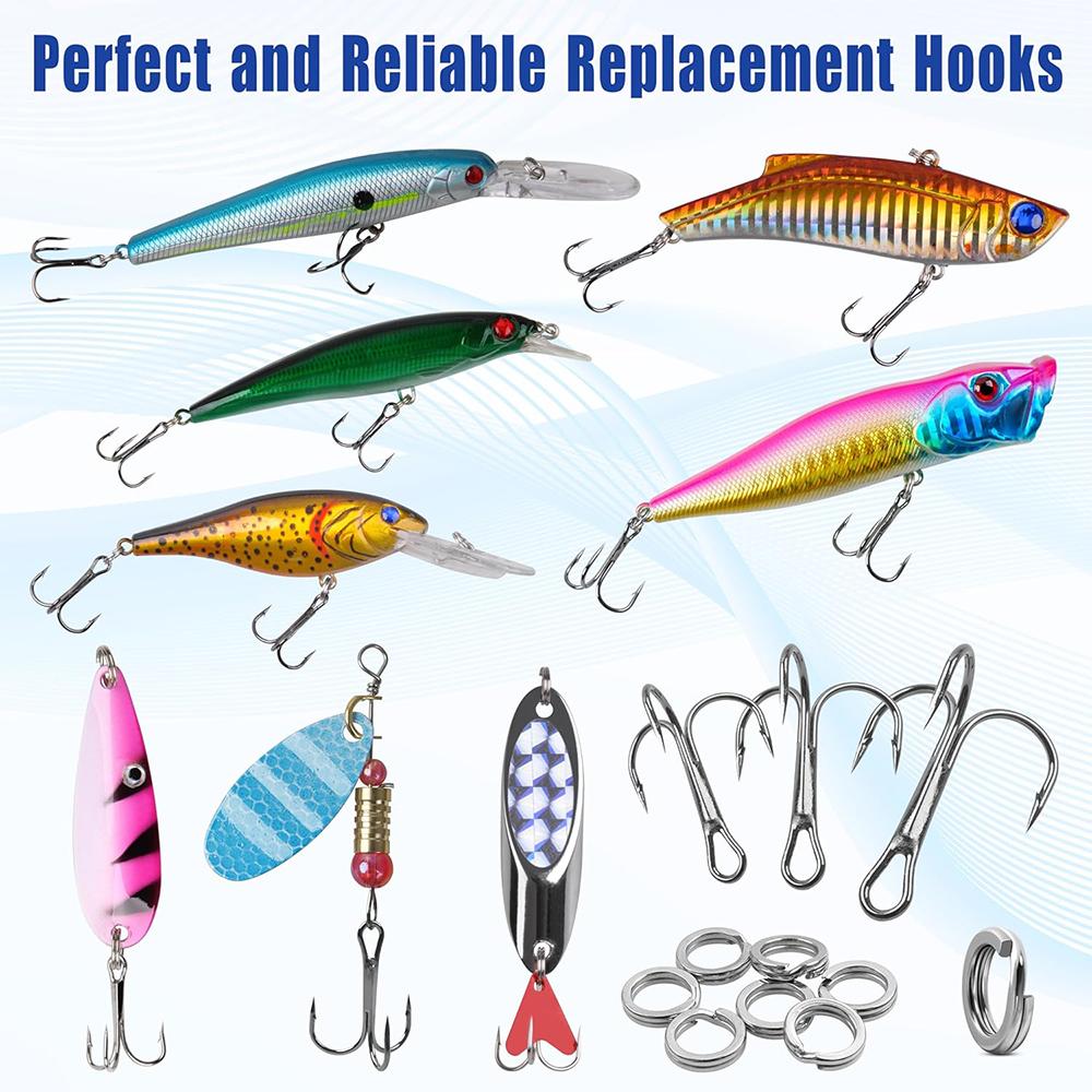 170Pcs Fishing Treble Hooks Kit High Carbon Steel Treble Hook Strong Sharp Round Bend Fishing Triple Hooks with Split Rings
