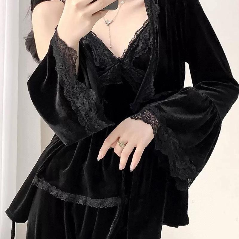 Autumn and Winter New Island Velvet Sexy Pure Desire Pajamas Women's Suspender Trousers Long-sleeved Loungewear Three-piece Set Can Be Worn Outside