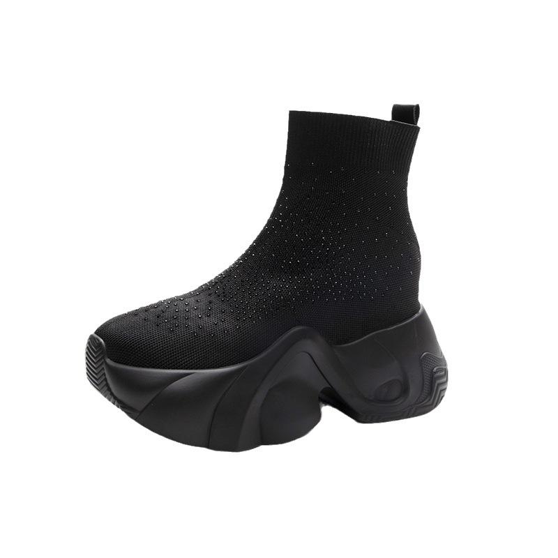 Hot Selling Knitted Socks Boots for Women 2025 Autumn Thick Soled Rhinestone Knitting Shoes Casual Inner Increase Elastic Boots