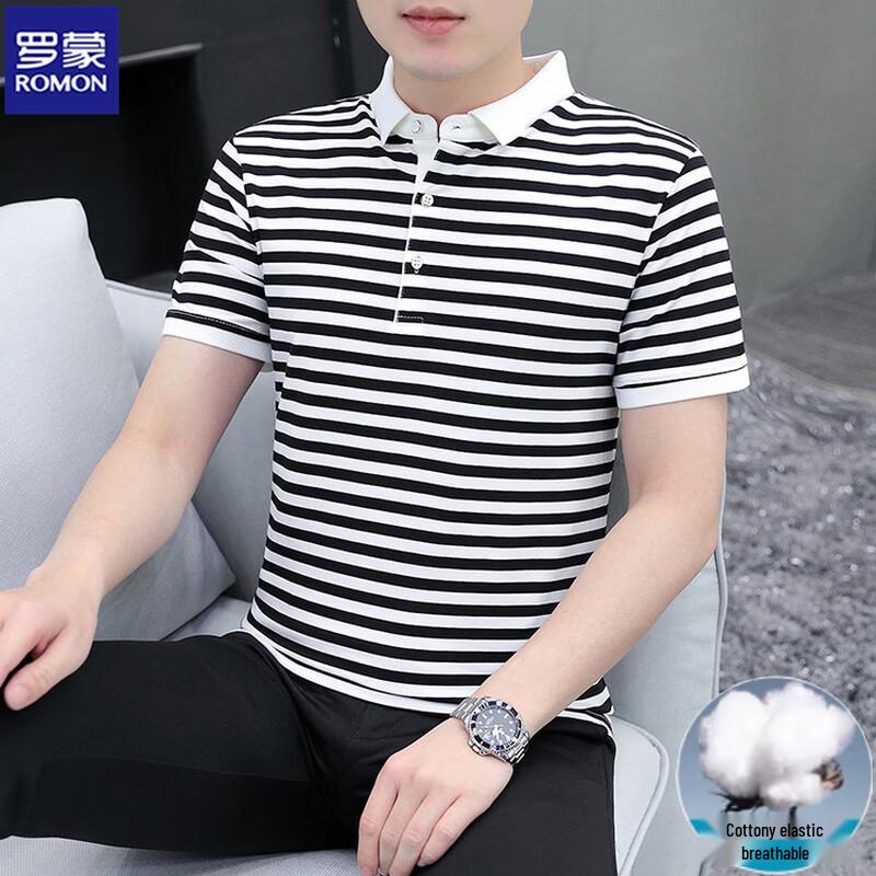 

ROMON Men s Striped Short Sleeve Polo Shirt M