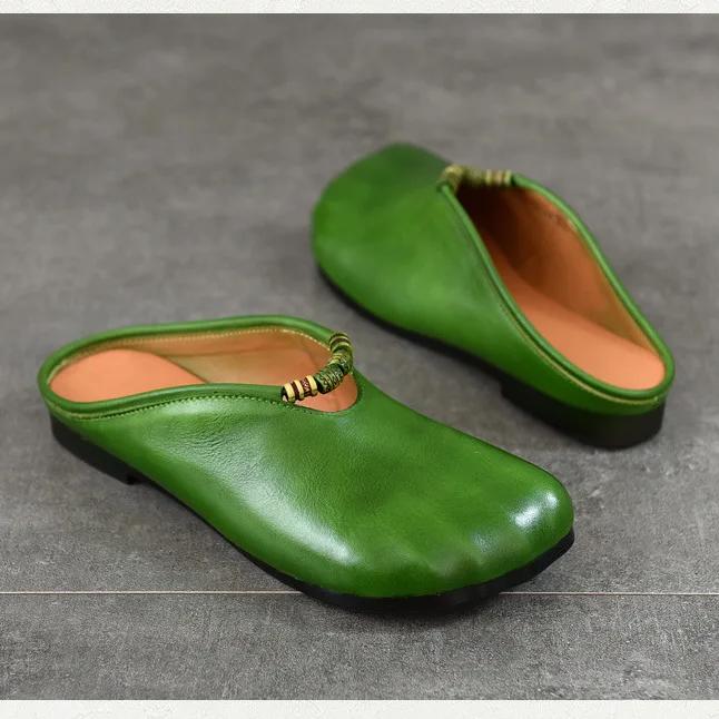 Johnature Women's Shoes Genuine Leather Flat Slippers Round Toe Versatile Casual Solid Color Outdoor Slides