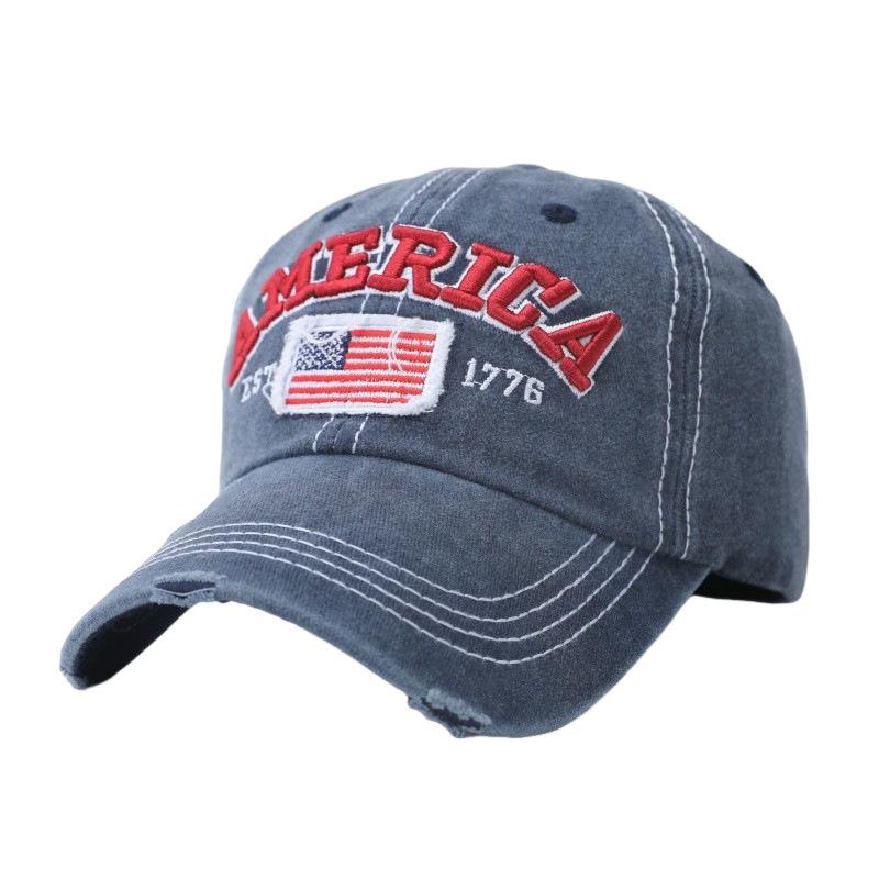 AMERICA Alphabet Baseball Cap Washed Ripped Baseball Cap Female American Flag Cap Amazon Popular Adjustable тёмно-синий